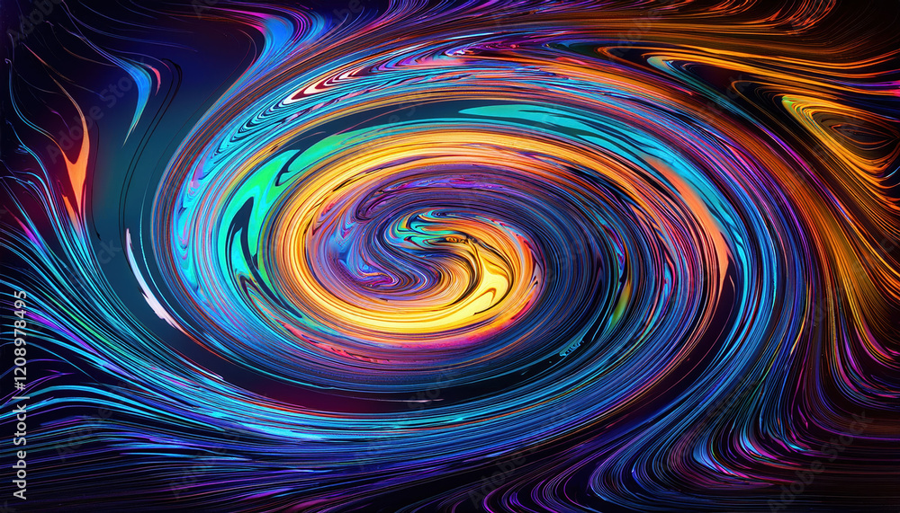 Poster vibrant abstract swirl of iridescent colors on dark background, creating mesmerizing visual effect