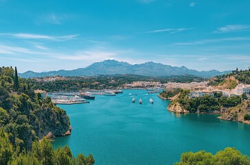 Obraz premium Captivating Coastal View Overlooking Serene Harbor with Lush Greenery, Picturesque Mountains, and Clear Blue Skies in a Mediterranean Paradise