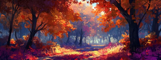 Enchanting Autumn Forest Path Vibrant Fall Foliage Sunlit Woodscape