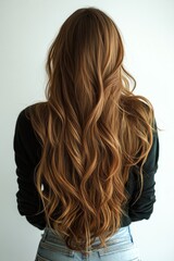 Naklejka premium Back view of a girl with beautiful long wavy brown hair.