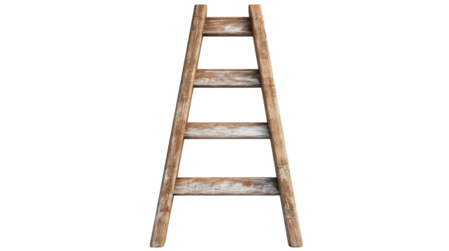 A sturdy wooden ladder standing upright, symbolizing ascent and hard work. transparent background