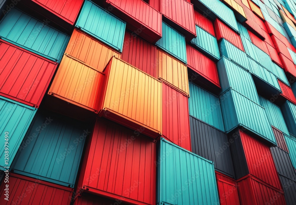 Poster colorful arrangement of shipping containers on a warehouse wall displaying dynamic patterns and text