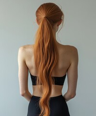 Obraz premium Back view of a fit girl with beautiful long red hair.