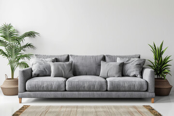 Modern gray sofa with decorative pillows, surrounded by indoor plants