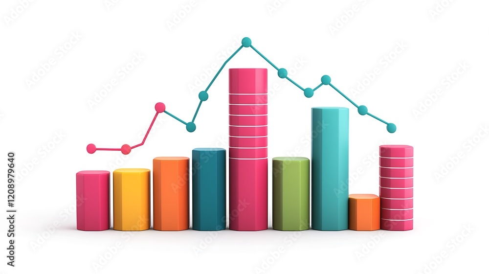 Poster a colorful bar graph illustrating data trends with a line overlay, showcasing various heights of bar