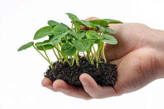 Hand Holding Fresh Sunflower Sprouts with Soil Isolated on White