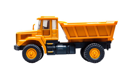 Bright yellow toy dump truck ready for play in a child's construction site isolated on transparent background