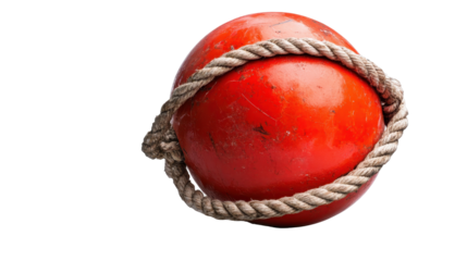 A vibrant red buoy with a rope, commonly used in marine navigation for safety. transparent background