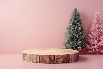 wooden display platform surrounded by pink and green Christmas trees creates festive atmosphere. Perfect for showcasing holiday decorations or products