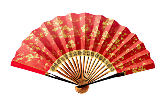 Red and Gold Hand Fan: An elegant red hand fan adorned with intricate gold floral patterns,  a symbol of grace and tradition. The wooden sticks and subtle black accents add to its classic charm. 