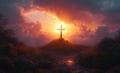 Fototapeta premium Cross at Sunset with Radiant Sunburst - Dramatic Religious Scene