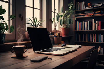 laptop on table with coffee on the side