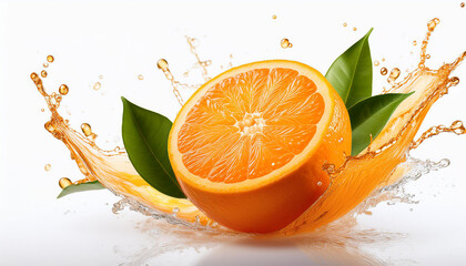  Fresh delicious orange splashing with leaves, cut out on white background, high quality picture