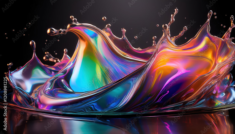 Poster bold splash of liquid iridescence against textured black backdrop, creating vibrant and dynamic visu