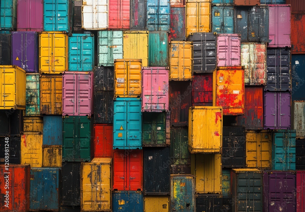 Aufkleber colorful stack of shipping containers forming a vibrant mosaic with diverse textures and patterns in