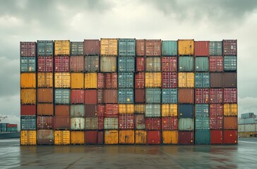 Fototapeta premium Colorful Stack of Shipping Containers against Overcast Sky at a Container Port, Showcasing Diverse Textures and Patterns in Industrial Context