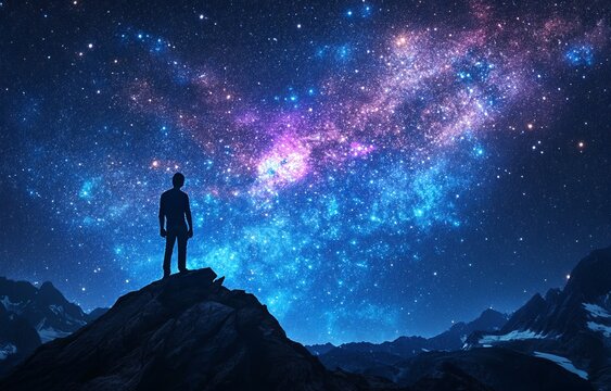 Solitary figure silhouetted against a breathtaking, vibrant night sky filled with stars and a galaxy over a mountain range.