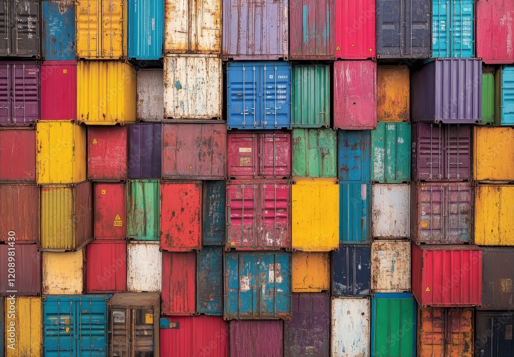 Poster colorful stacked shipping containers creating an abstract fractal pattern in a port yard, showcasing