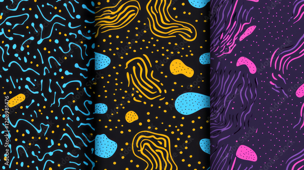 Poster explore trendy geometric and colorful modern abstract seamless patterns with vector illustrations fo