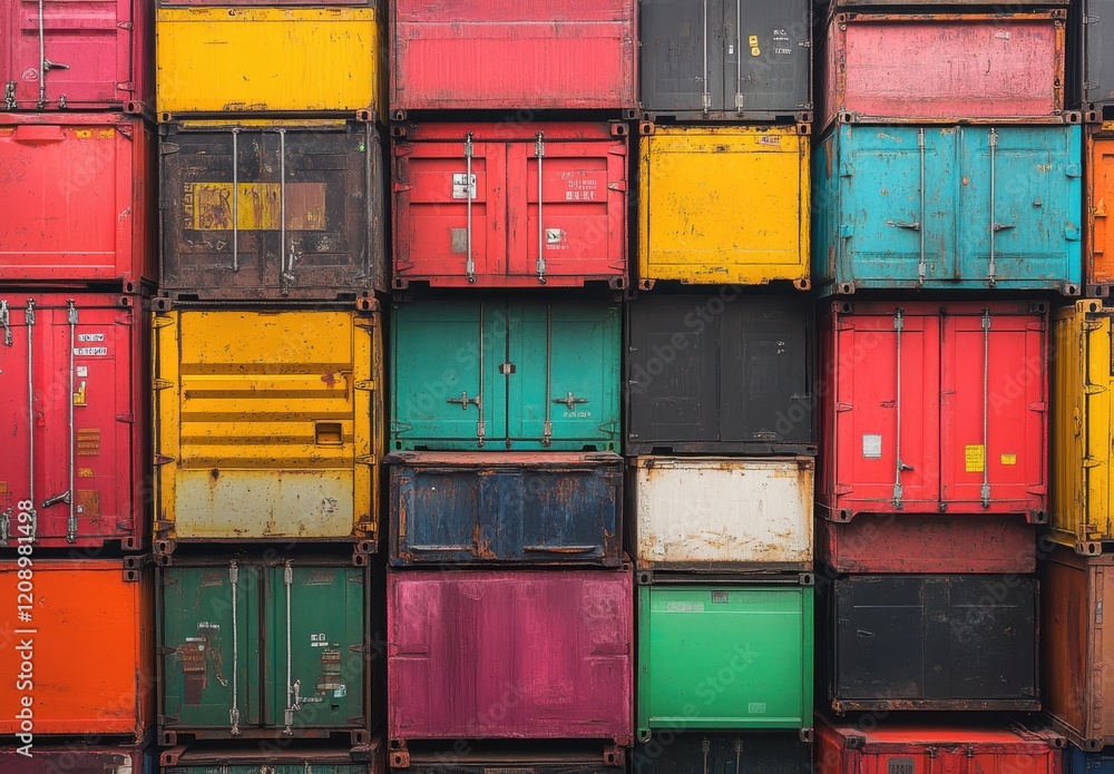 Poster colorful stacked shipping containers in urban warehouse setting, showcasing a vibrant array of textu