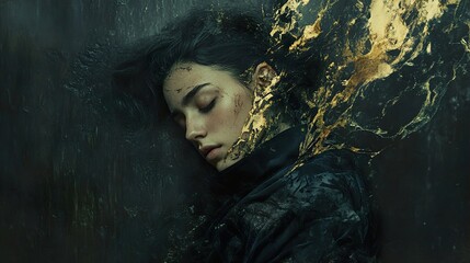 Fototapeta premium Golden Slumber: A Dark, Surreal Portrait of a Woman