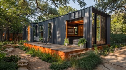 Obraz premium Modern Cabin with Deck and Surrounding Greenery