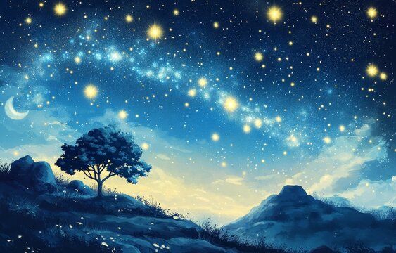 Lonely tree silhouetted against a vibrant night sky filled with stars and a crescent moon, overlooking a serene landscape. - Powered by Adobe