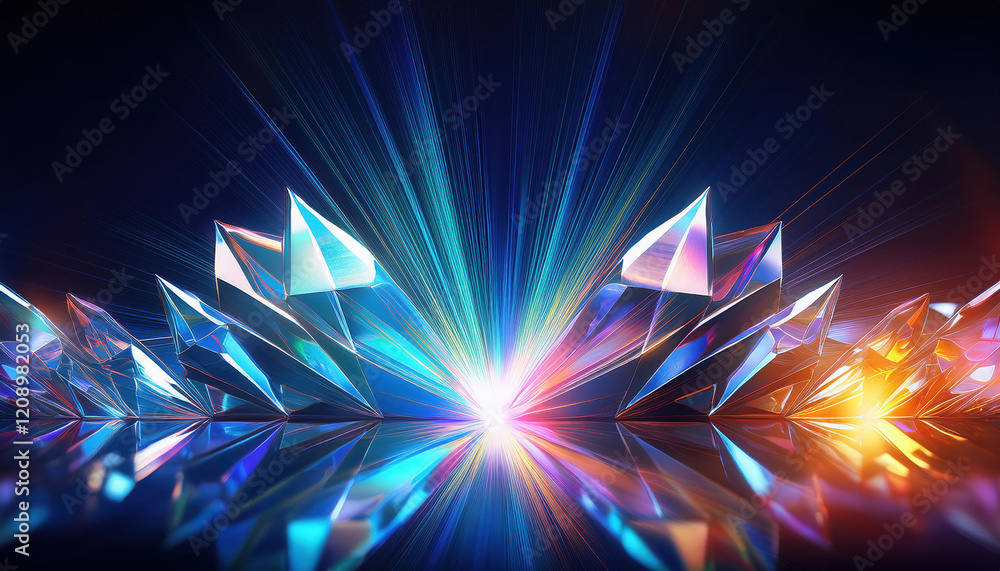 Poster glowing shards of iridescent crystal radiating light in all directions, creating vibrant display