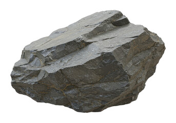 Rugged gray rock with sharp edges and textured surface, isolated on a white background