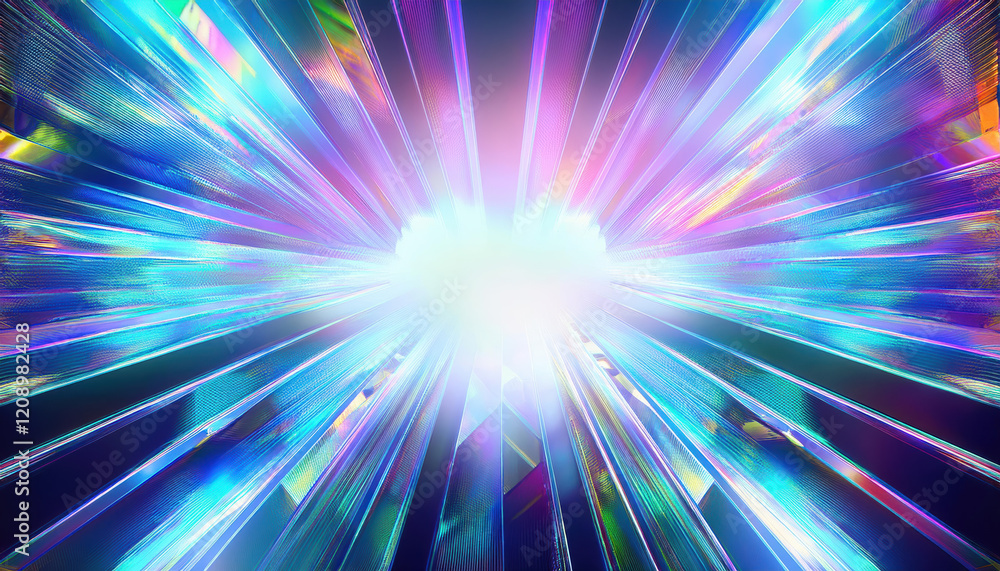 Poster vibrant holographic beams radiate through crystalline structures, creating mesmerizing visual effect