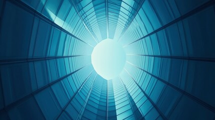 Panoramic and perspective wide angle view to steel light blue background of glass high rise building skyscraper commercial modern city of future. Business concept of success industry tech architecture