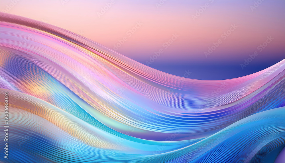 Poster iridescent abstract waves reflecting shimmering pastel hues create serene atmosphere against clean g
