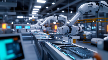 High-Tech Industrial Machine with Robotic Arms in Automated Manufacturing Assembly Line
