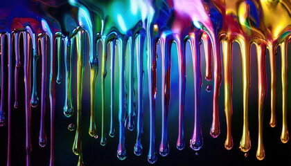 Iridescent liquid patterns dripping in vibrant colors against dark backdrop evoke sense of edgy beauty