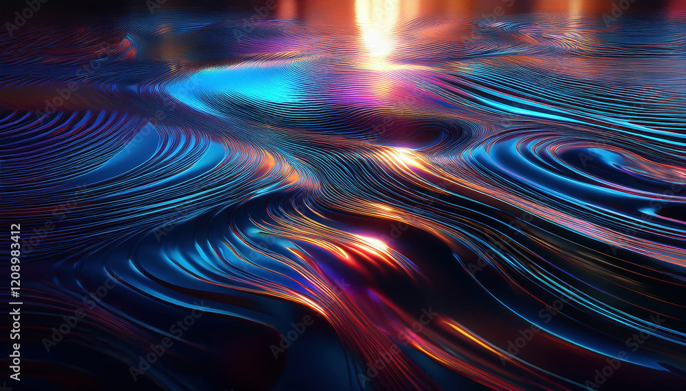 Poster iridescent ripples on dark liquid surface, illuminated by soft ambient light, create mesmerizing eff