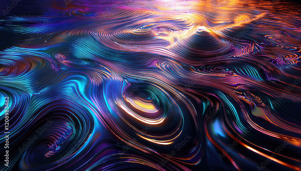 Poster iridescent ripples create mesmerizing patterns dark liquid surface, illuminated by soft ambient ligh