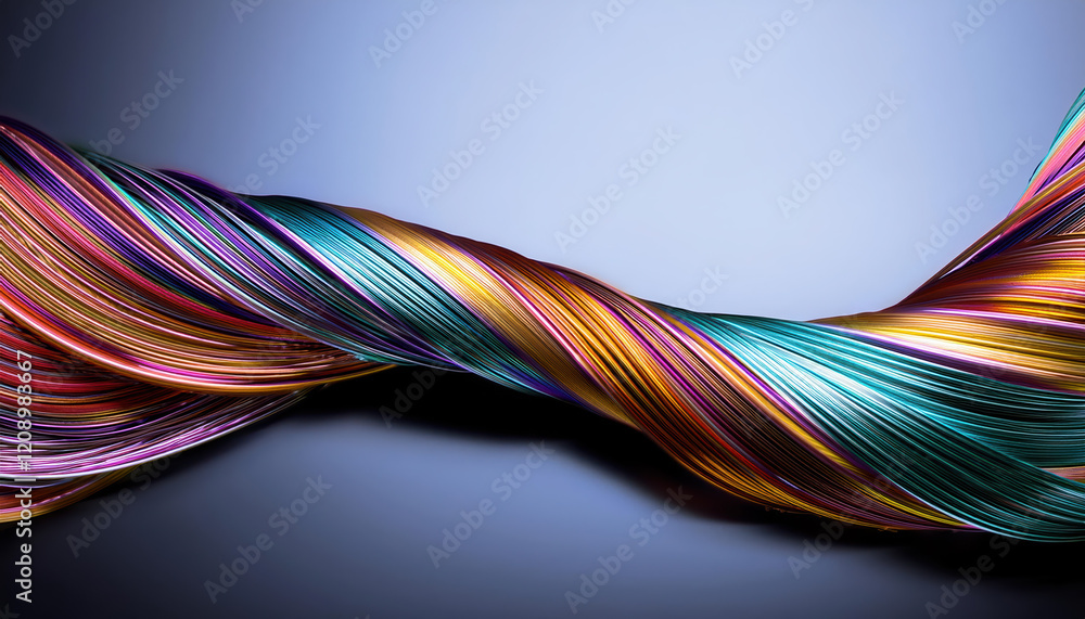 Poster colorful metallic threads twisted together in abstract flowing design, creating vibrant visual effec