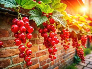 Fototapeta premium Red Currant Harvest: Brick Wall Garden Photography - Autumn Farming
