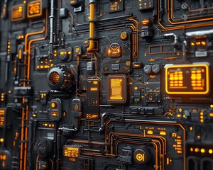 Fototapeta premium Futuristic tech panel with glowing orange circuits and components.