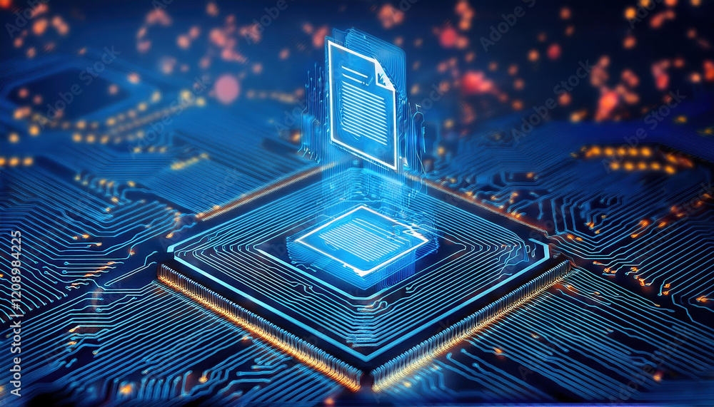 Aufkleber digital circuit board with holographic contract like documents floating above