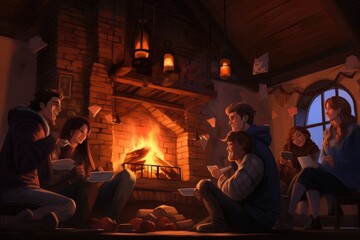 Obraz premium Friends enjoy warm hot cocoa by a cozy fireplace in a rustic cabin during a winter evening, sharing laughter and stories together while the flames crackle
