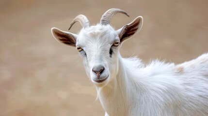 Obraz premium A goat in a peaceful farm area, with its body in soft focus and face in sharp detail, showing a calm, satisfied expression in a warm, organic setting.