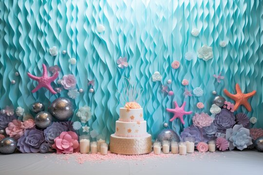 A colorful under the sea birthday backdrop featuring a beautiful cake, decorated with flowers, stars, and shimmering elements for a memorable mermaid-themed celebration