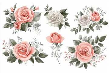 romantic botanical rose art with blush and peach pink floral arrangement illustration featuring elegant grey green foliage and hand-painted vintage watercolor design