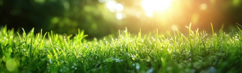 Obraz premium Vibrant Close-Up of Dewy Green Grass Under Warm Sunlight in Summer Park