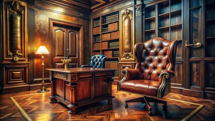 Elegant Vintage Office Drone Photography: Leather Chairs, Ornate Desk, Vault Door