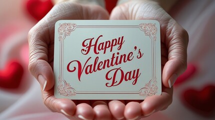 Valentine's Day Card: Tender hands gently hold a vintage-style Valentine's Day card, its elegant script proclaiming a heartfelt message against a backdrop of blurred red hearts.