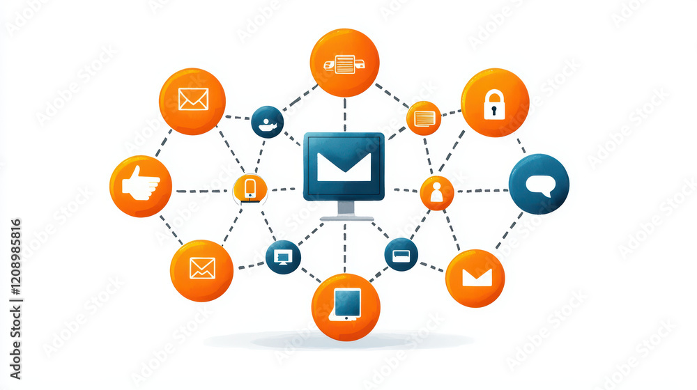 Poster digital communication network with icons and computer