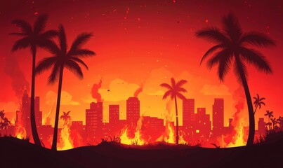 Obraz premium Illustration of a burning city and palm trees.