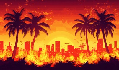 Illustration of a burning city and palm trees.